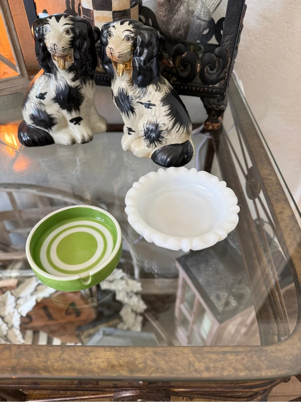 Vintage Milk Glass Dish & Green Striped Ceramic Ashtray – Trinket Dish